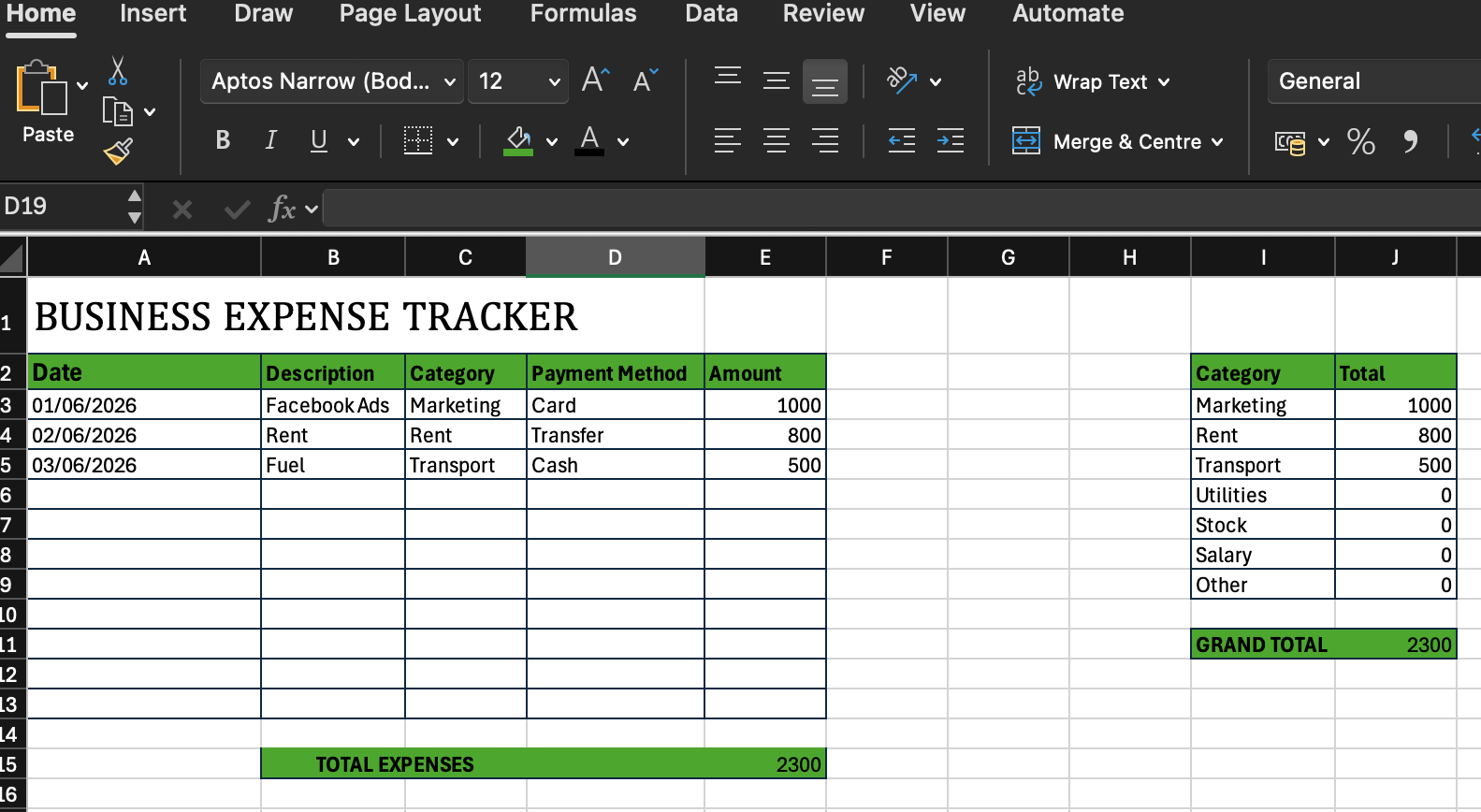 Business expense tracker spreadsheet with category and payment method tables