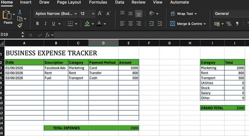 Business expense tracker spreadsheet with category and payment method tables