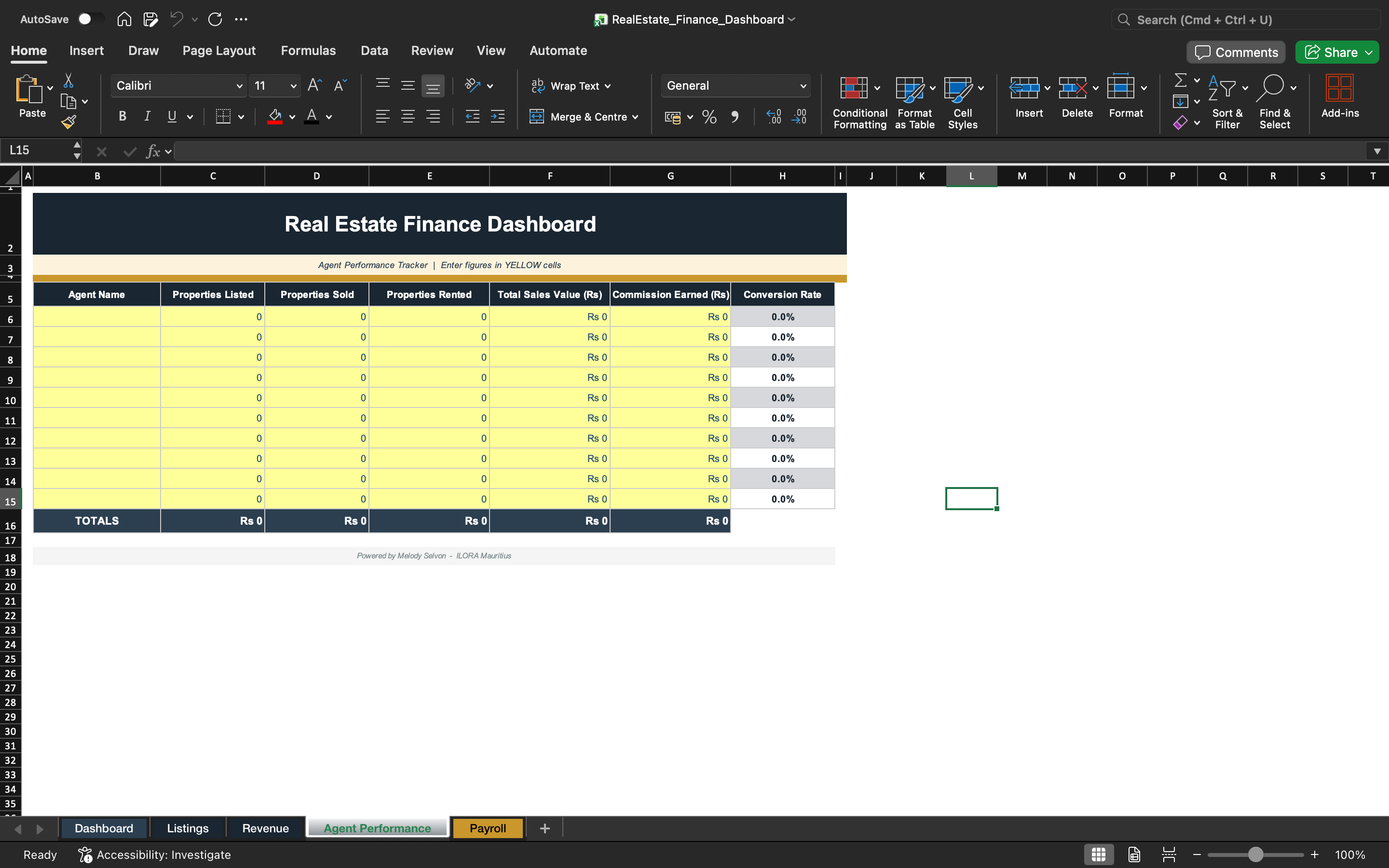 Finance dashboard spreadsheet with agent performance table and commission breakdown