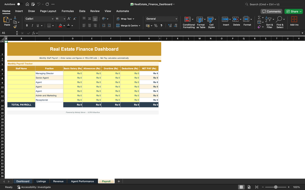 Finance dashboard spreadsheet with agent payout table and summary totals
