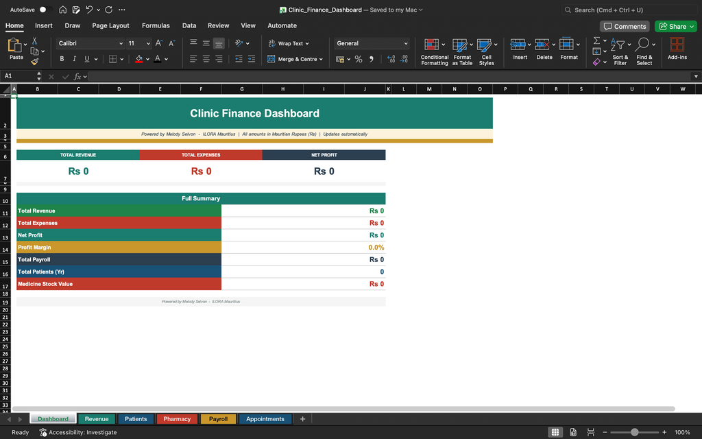 Clinic finance dashboard spreadsheet with summary cards and expense bars