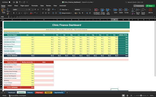 Clinic finance dashboard spreadsheet with monthly table and totals rows