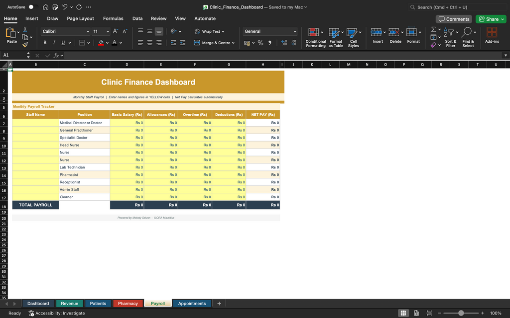 Clinic finance dashboard spreadsheet with payout section and patient-by-day values