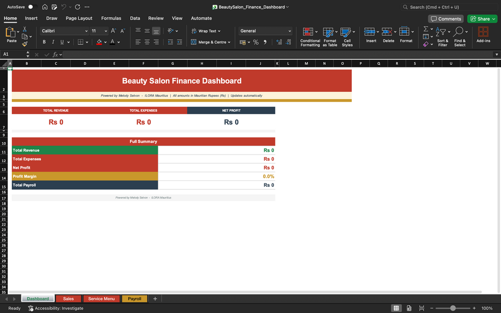Finance dashboard spreadsheet with revenue and expense summary bars and totals