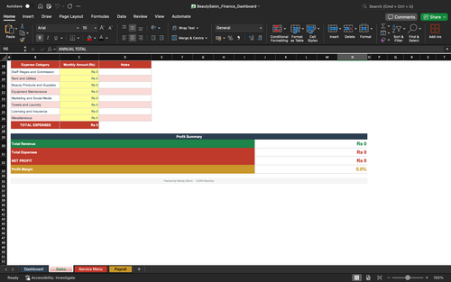 Finance dashboard spreadsheet with expense category table and profit summary bar