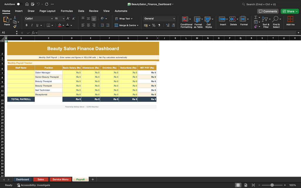 Finance dashboard spreadsheet with payroll summary and table of staff totals