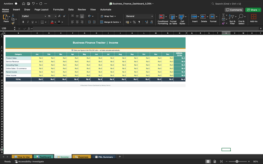 Business finance tracker sheet with income categories and monthly column table