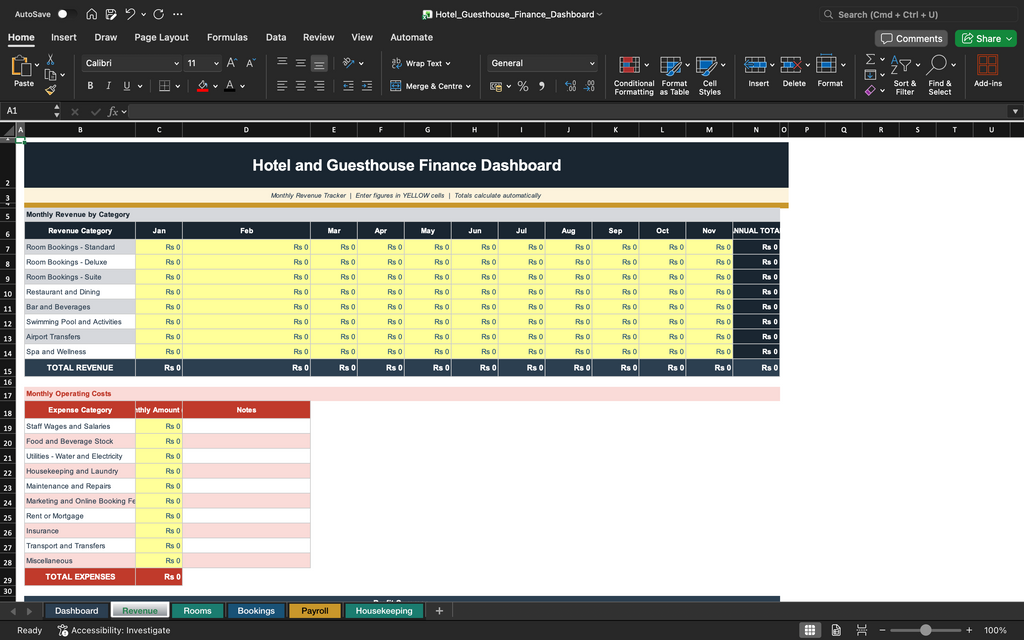 Excel finance dashboard table with yellow and green data rows and totals
