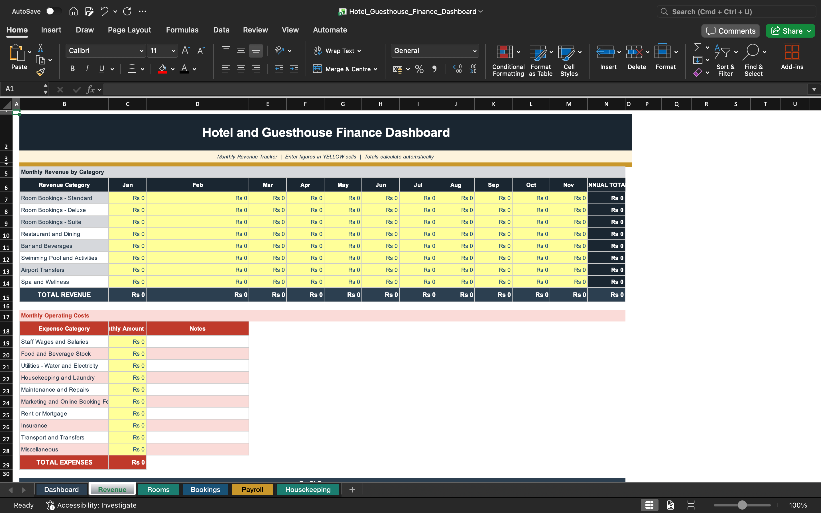 Excel finance dashboard table with yellow and green data rows and totals