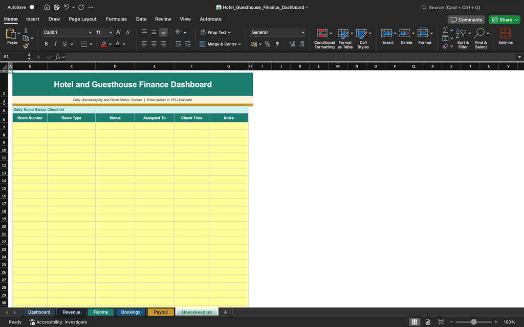 Excel finance dashboard spreadsheet with yellow matrix for bookings and totals