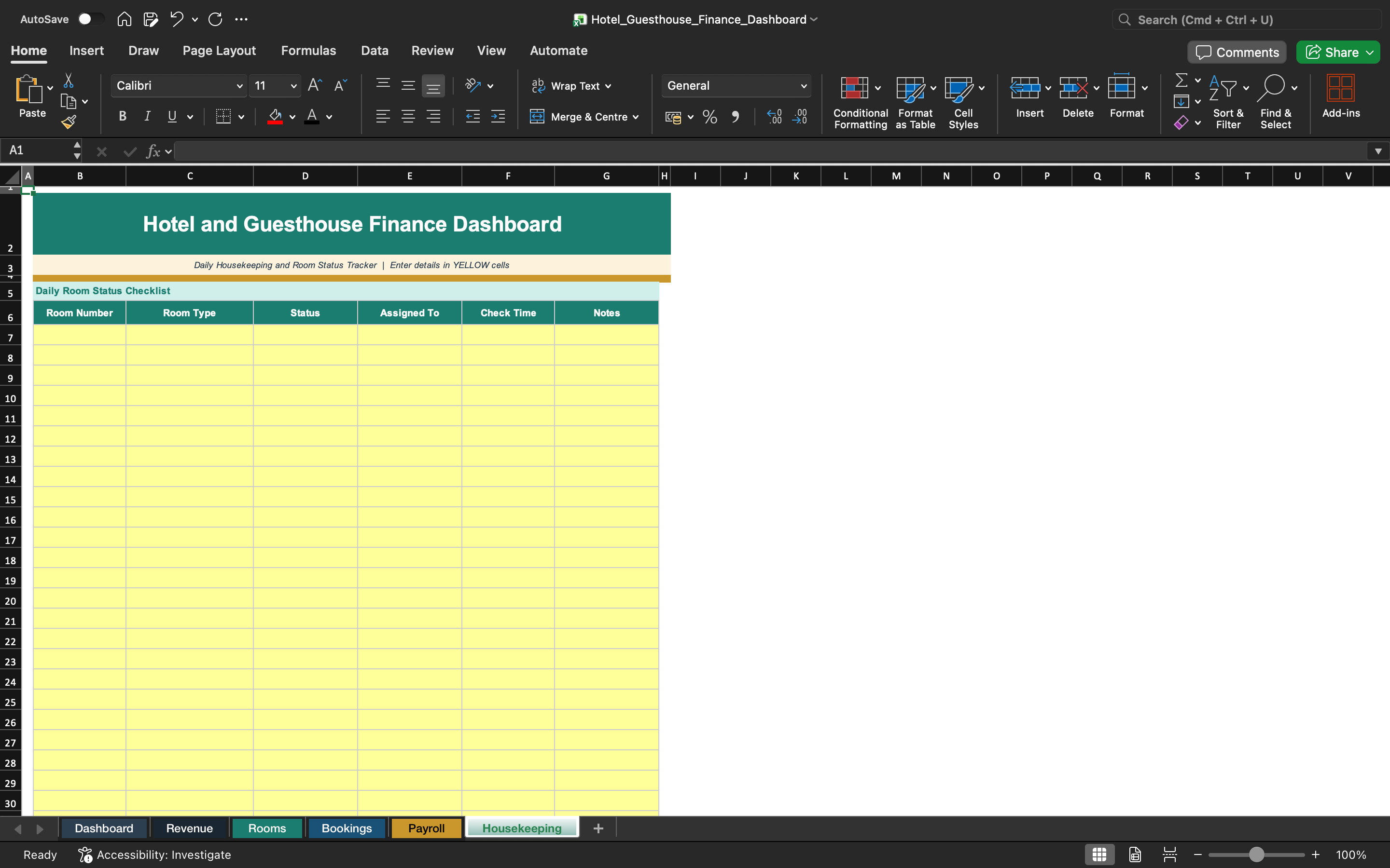 Excel finance dashboard spreadsheet with yellow matrix for bookings and totals