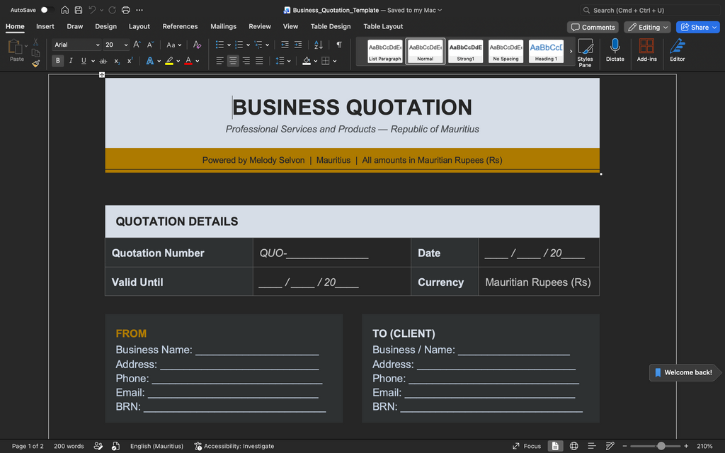 Business quotation template with quotation details and customer information fields