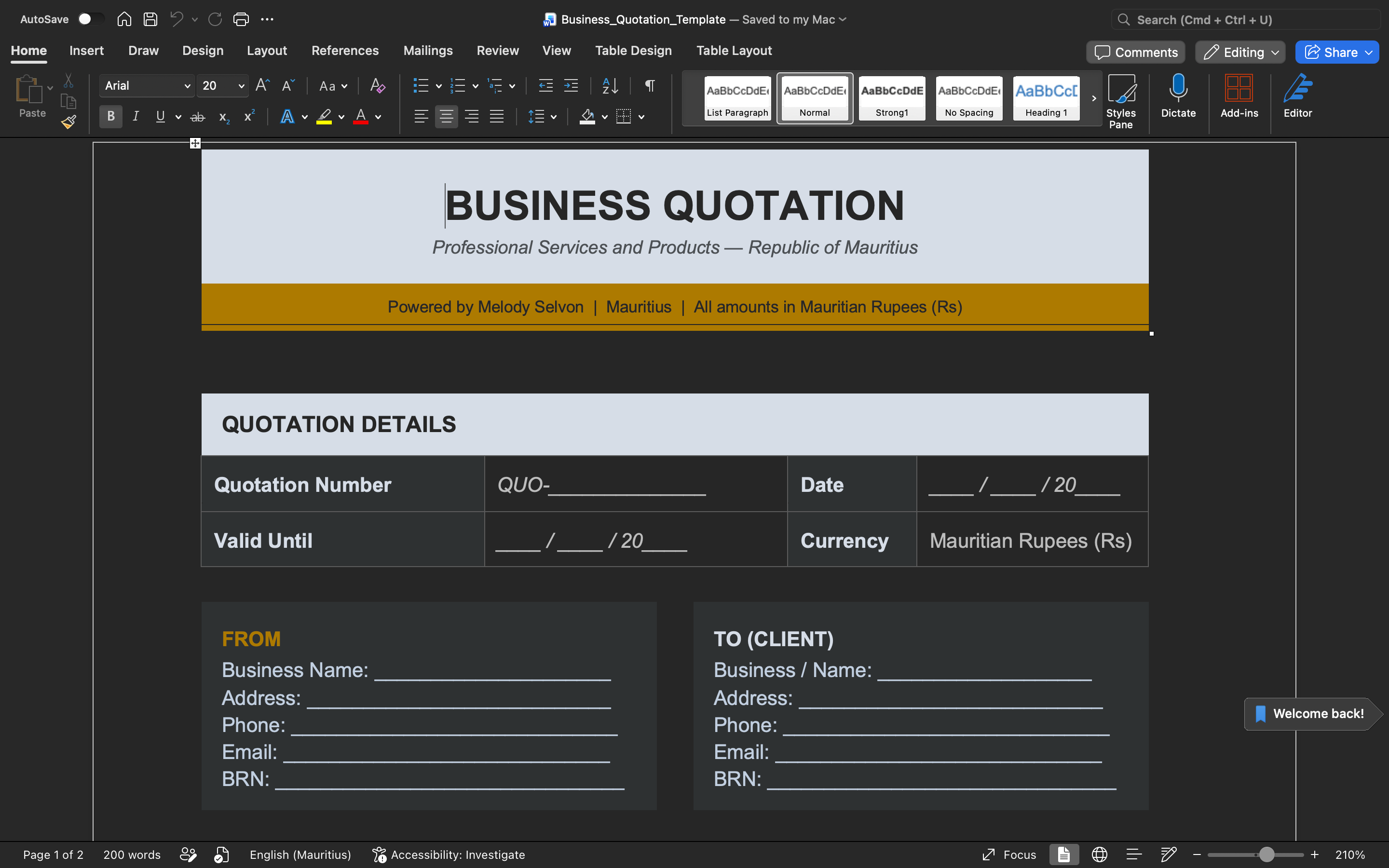 Business quotation template with quotation details and customer information fields