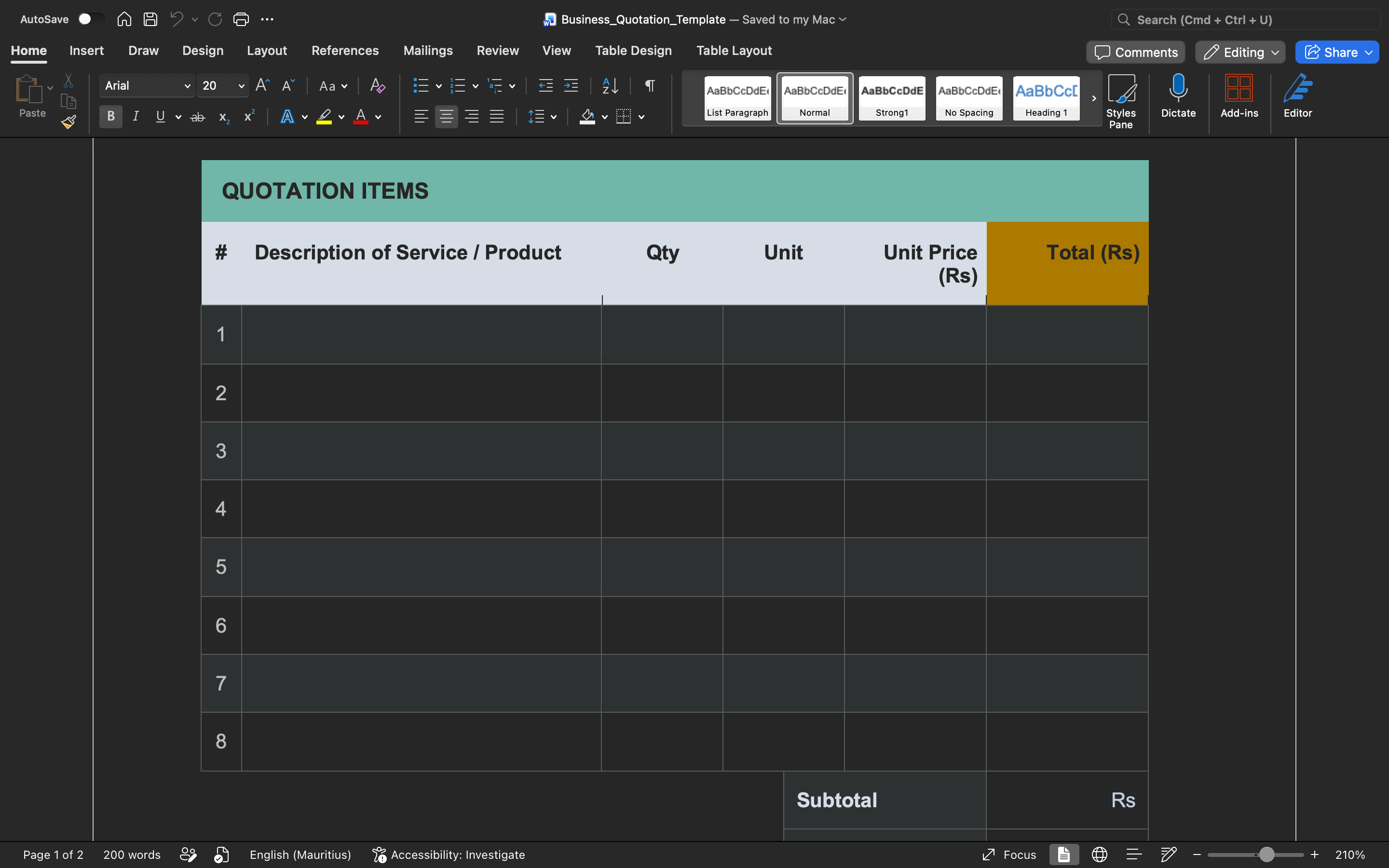 Business quotation template showing quotation items table with quantity and price columns
