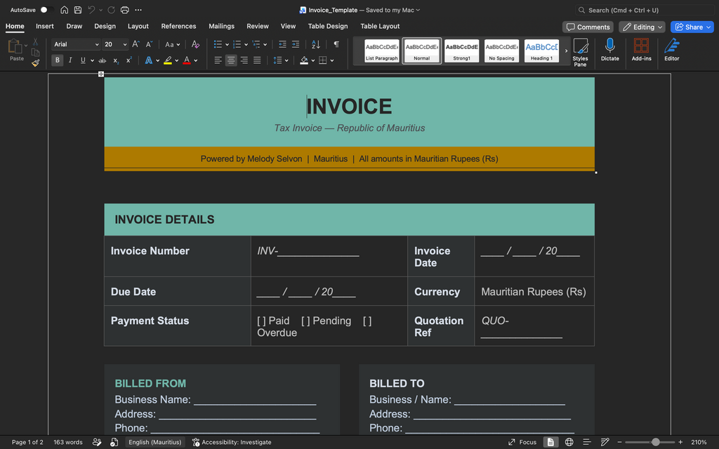 Invoice template page showing invoice details, dates, currency, and payment status