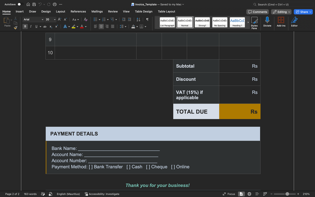 Invoice template showing totals due and payment details with bank name and payment method