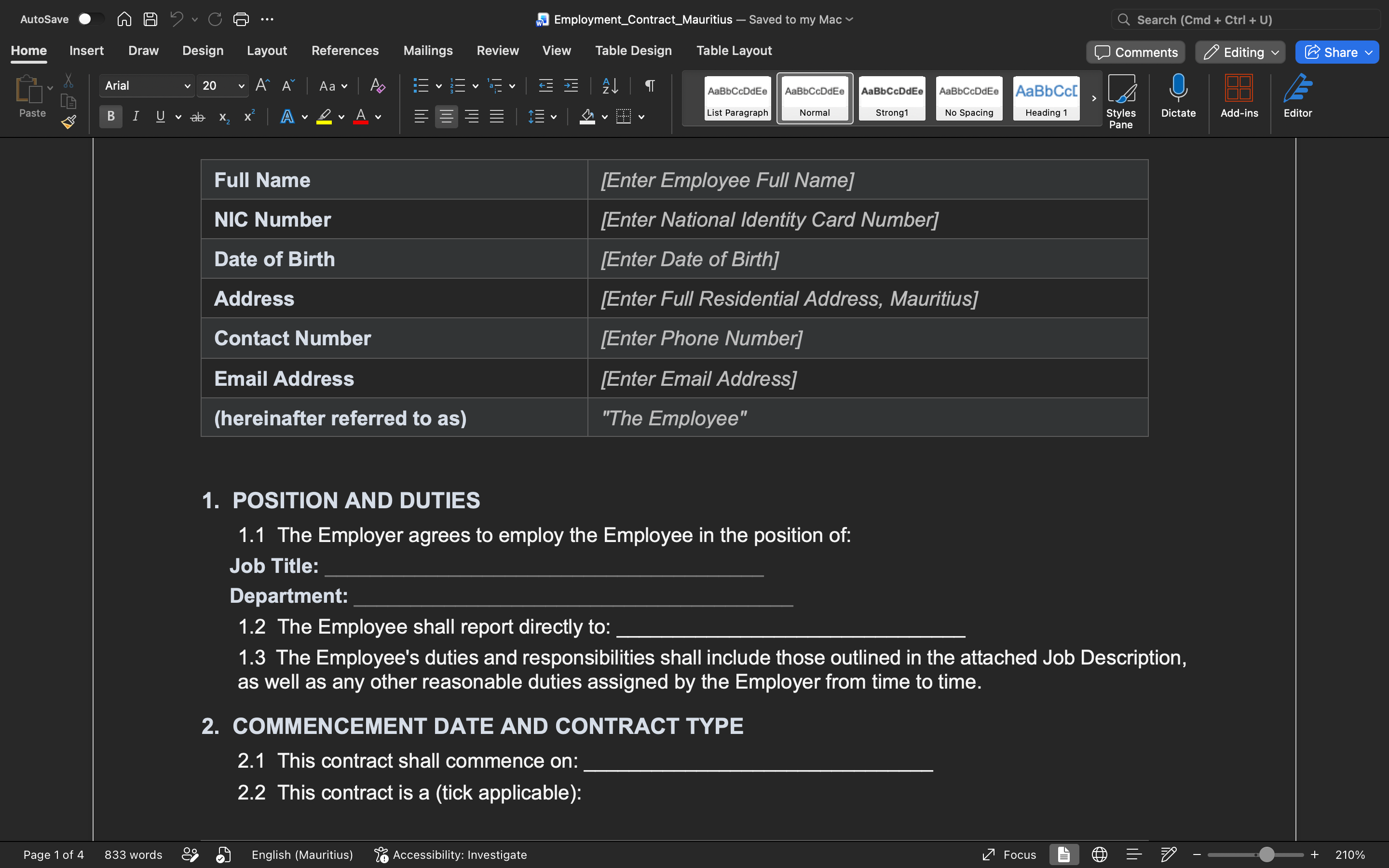 Employment contract template—employment details and position duties section with blanks