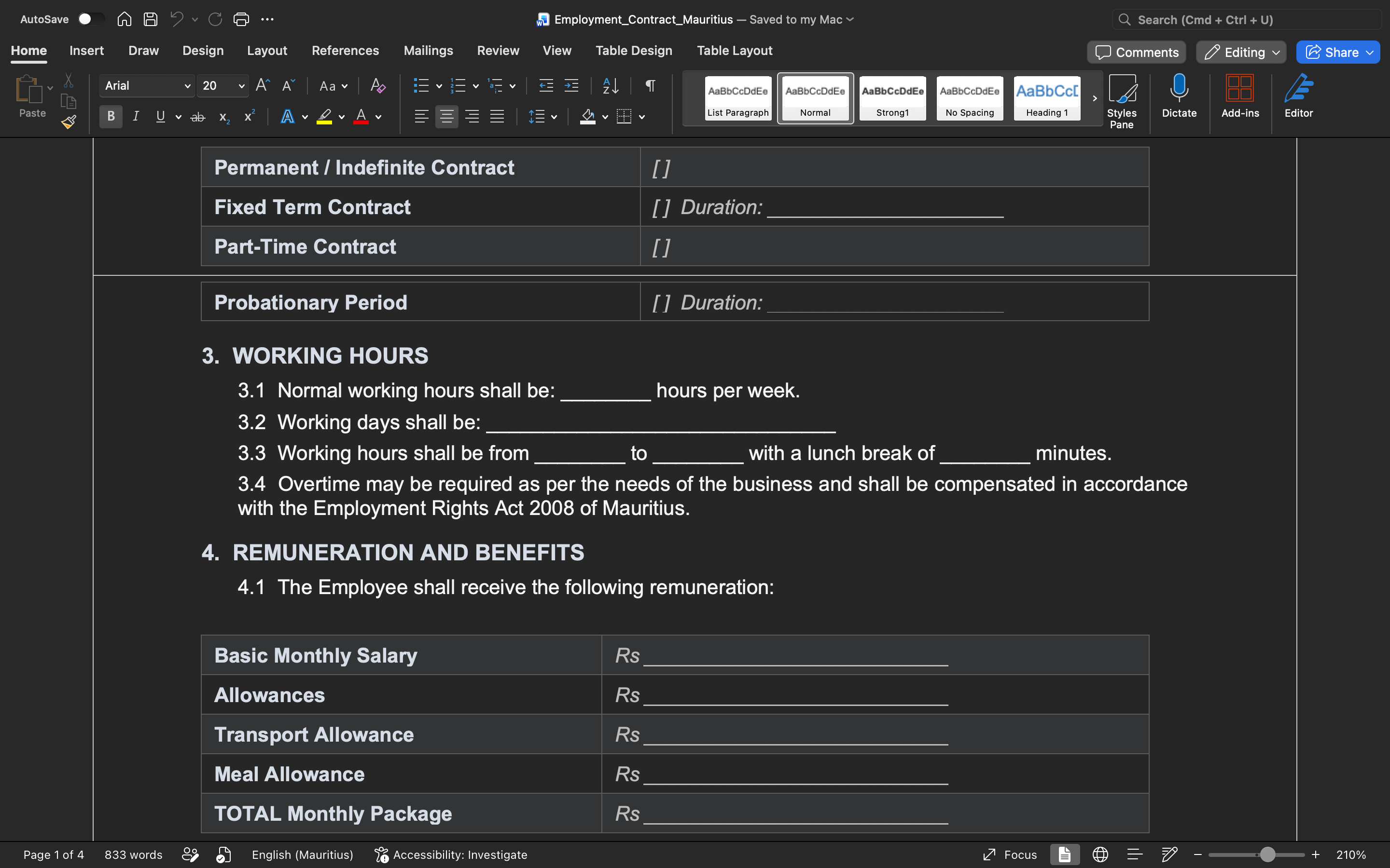 Employment contract template—contract type, working hours, and remuneration section