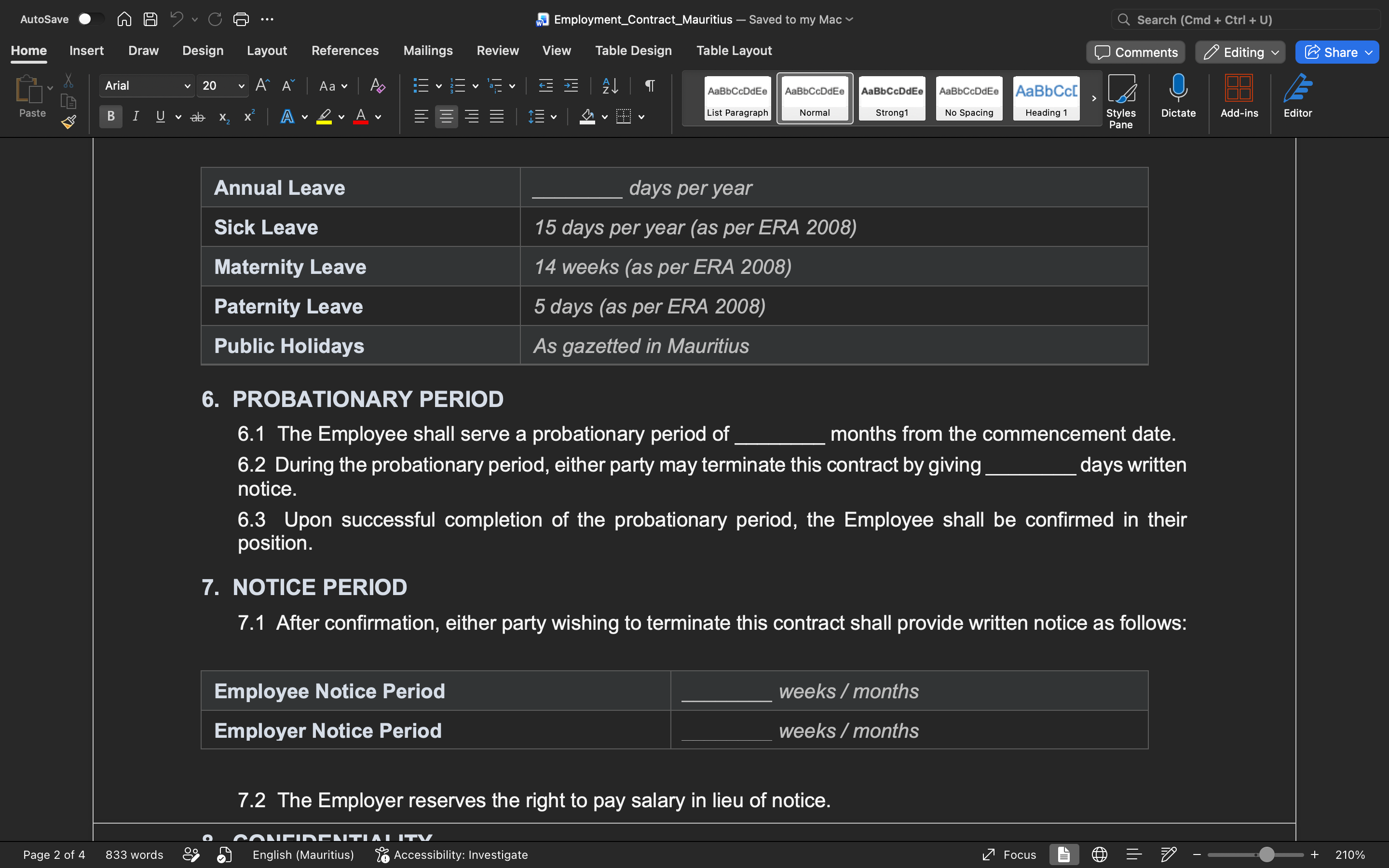 Employment contract template—leave and probationary period with notice period section