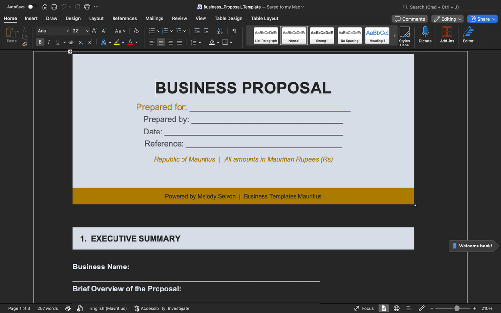 Business proposal template cover page with business details fields and date section