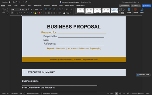 Business proposal template cover page with business details fields and date section