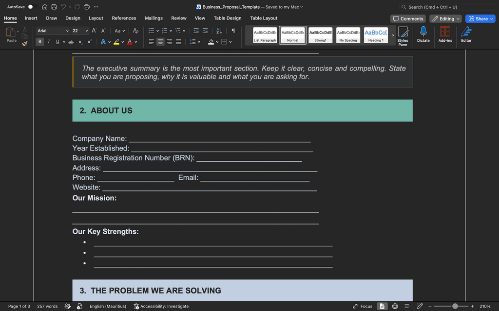 Business proposal template section: Executive Summary, About Us, and key fields