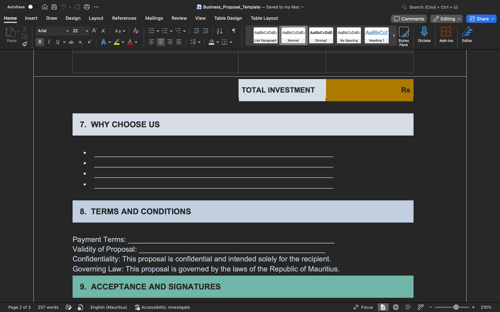 Business proposal template Why Choose Us plus Total Investment and Terms and Conditions
