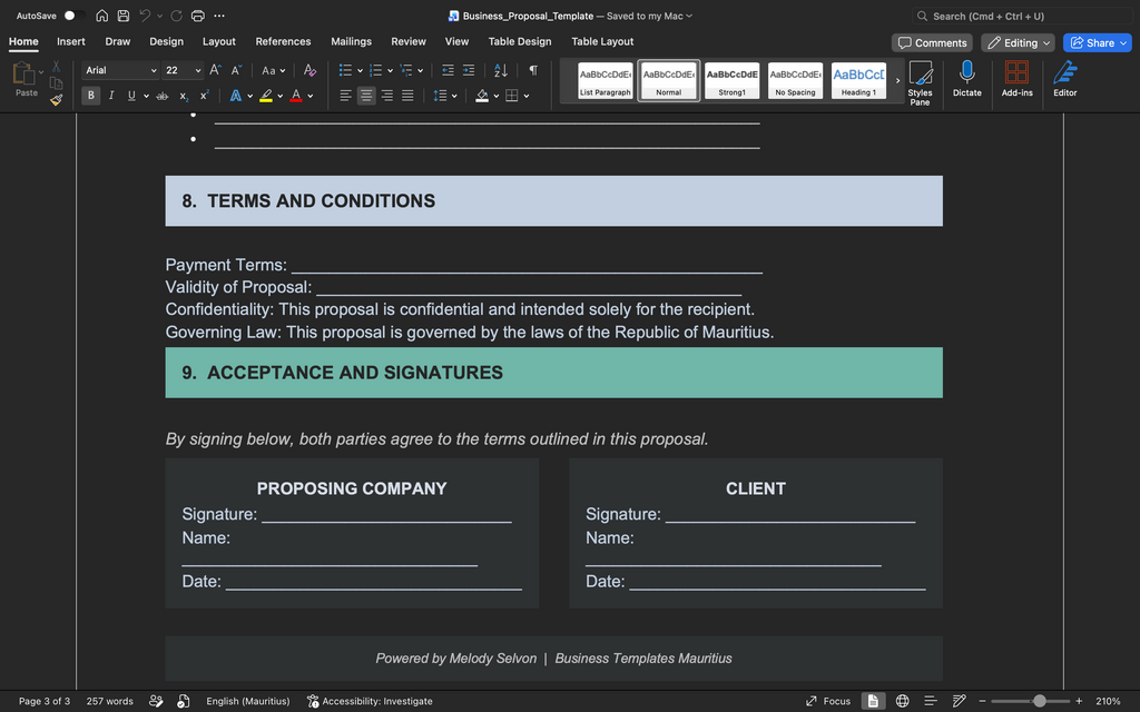Business proposal template Terms and Conditions and Acceptance and Signatures fields