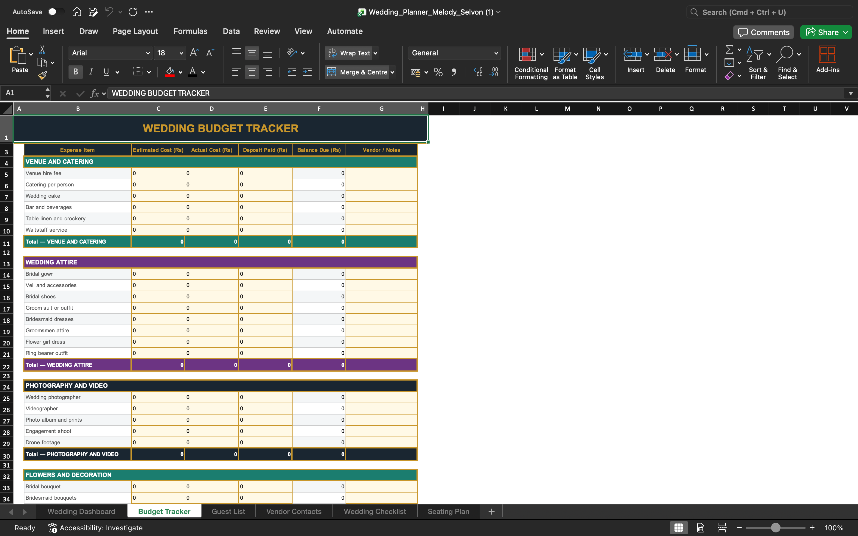 Wedding planner template: budget tracker spreadsheet with income, expenses, and category tables