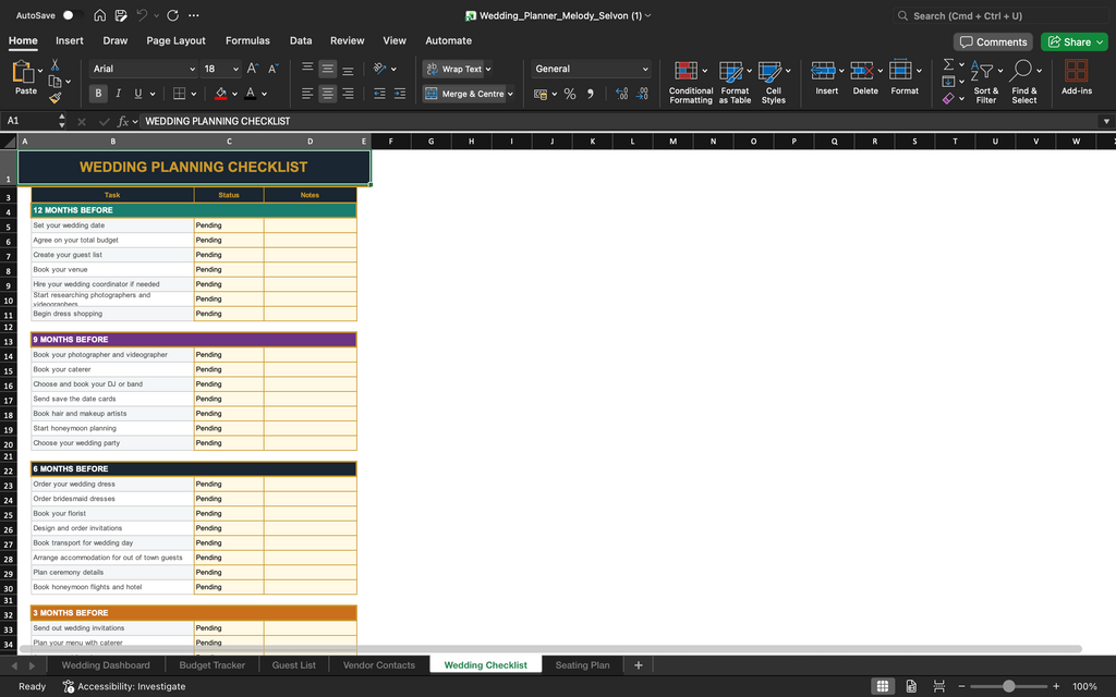 Wedding planner template: wedding planning checklist spreadsheet with to-do sections and tasks