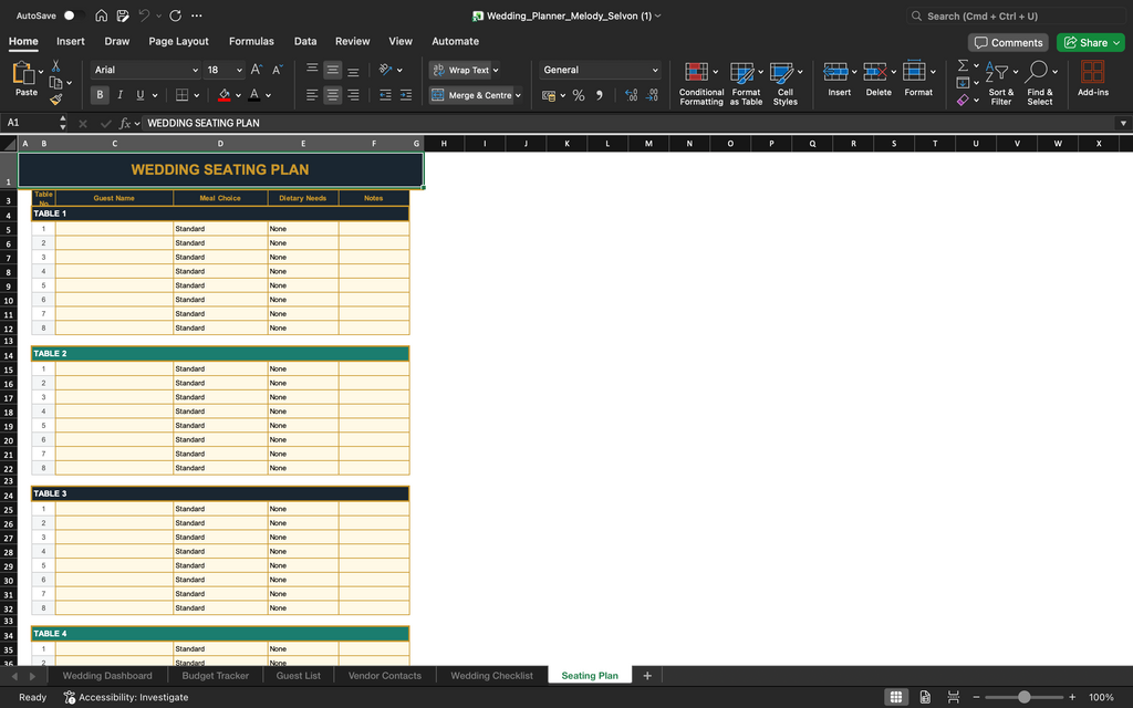 Wedding planner template: wedding seating plan spreadsheet with tables and guest assignments