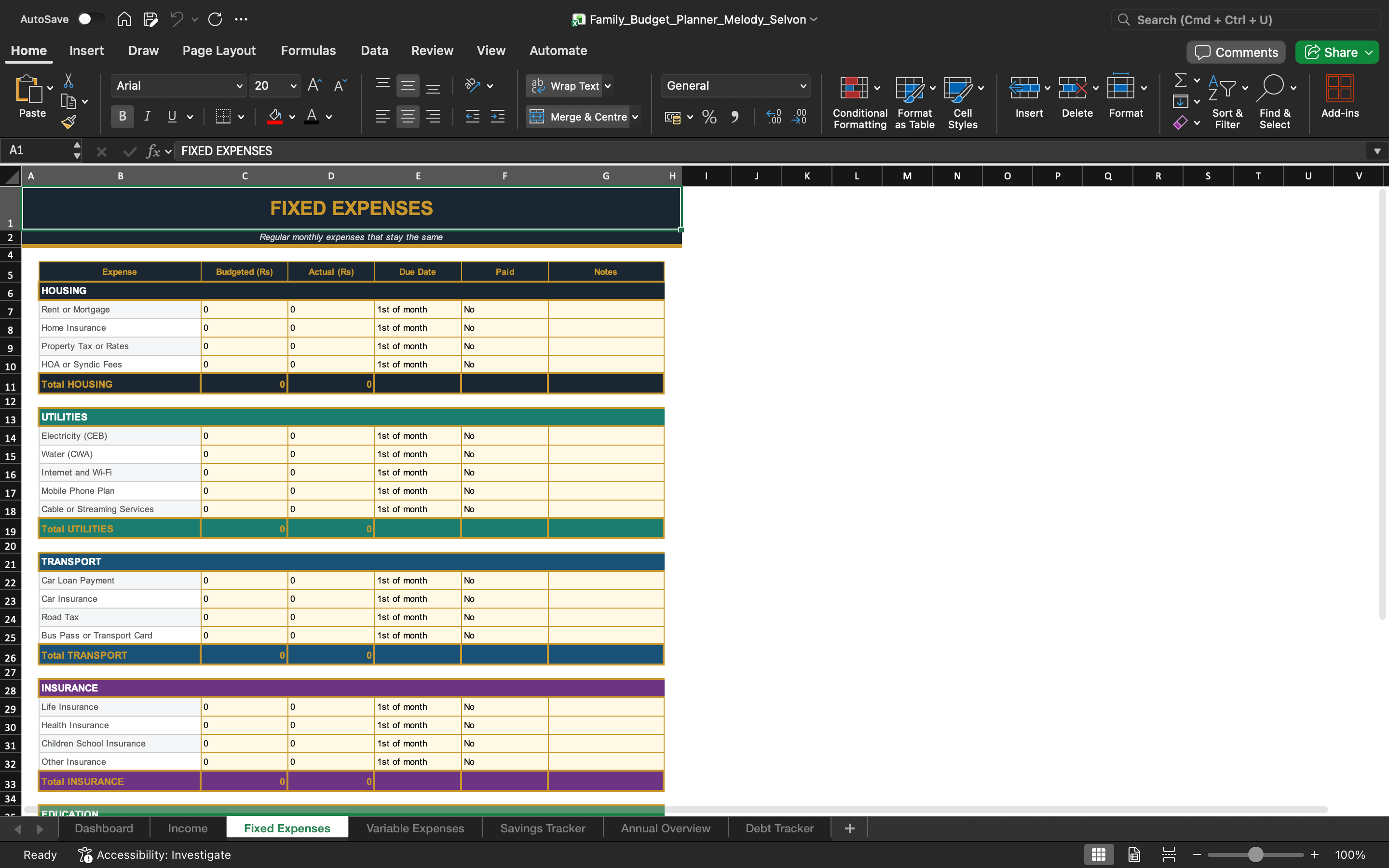 Budget planner spreadsheet with fixed expenses table and monthly category columns