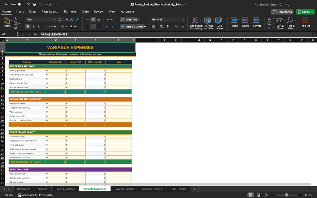 Budget planner spreadsheet with variable expenses categories and monthly columns