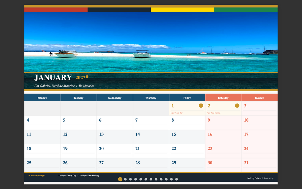 Mauritius 2027 Wall Calendar WITH NOTES