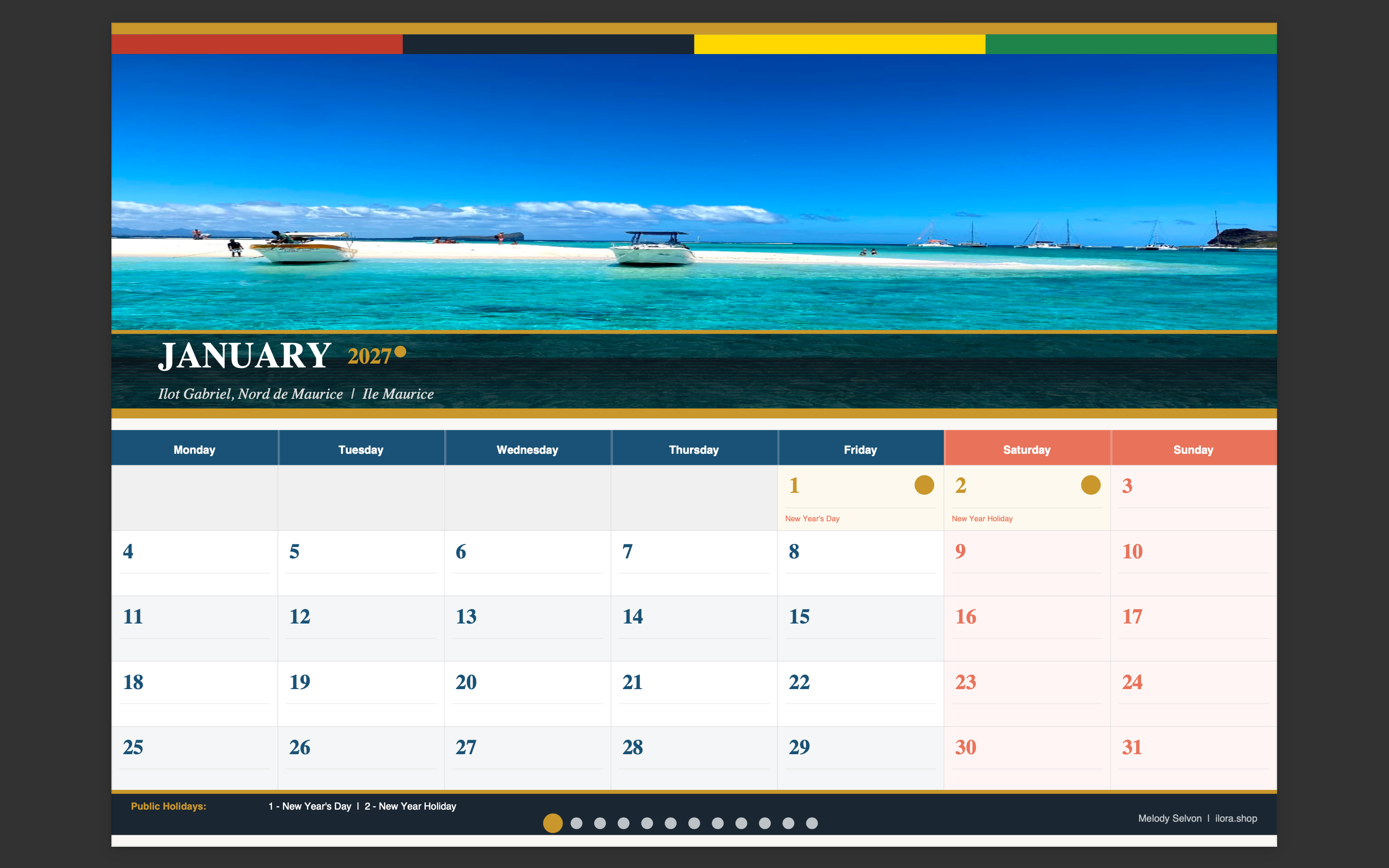 Mauritius 2027 Wall Calendar WITH NOTES