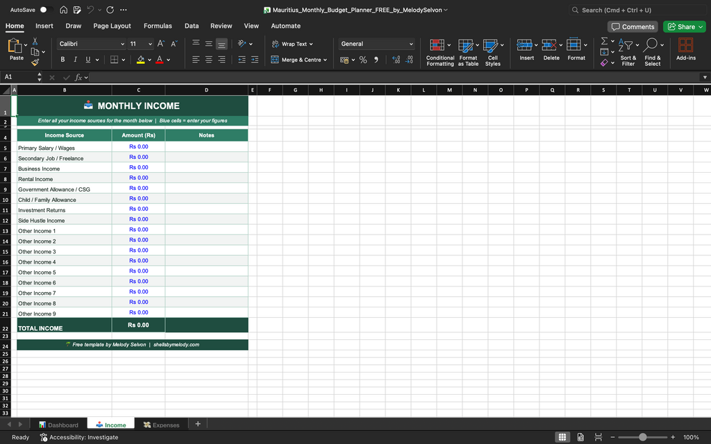 🎁 FREE Mauritius Monthly Budget Planner