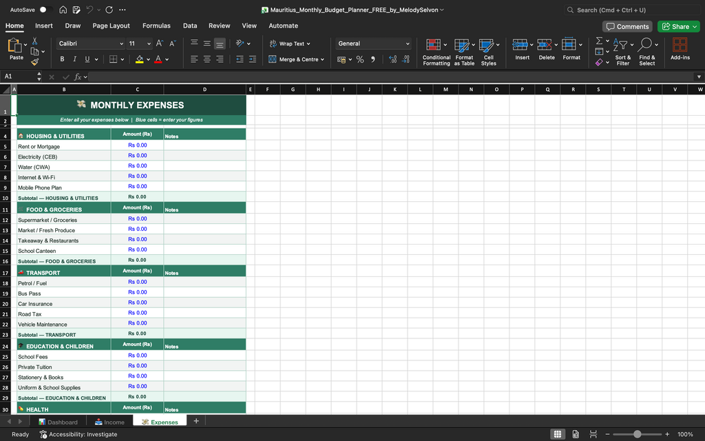 🎁 FREE Mauritius Monthly Budget Planner