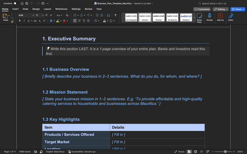 Business Plan Template – Mauritius (Word Document)
