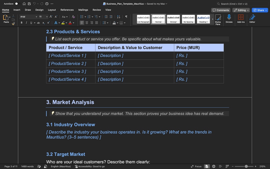 Business Plan Template – Mauritius (Word Document)