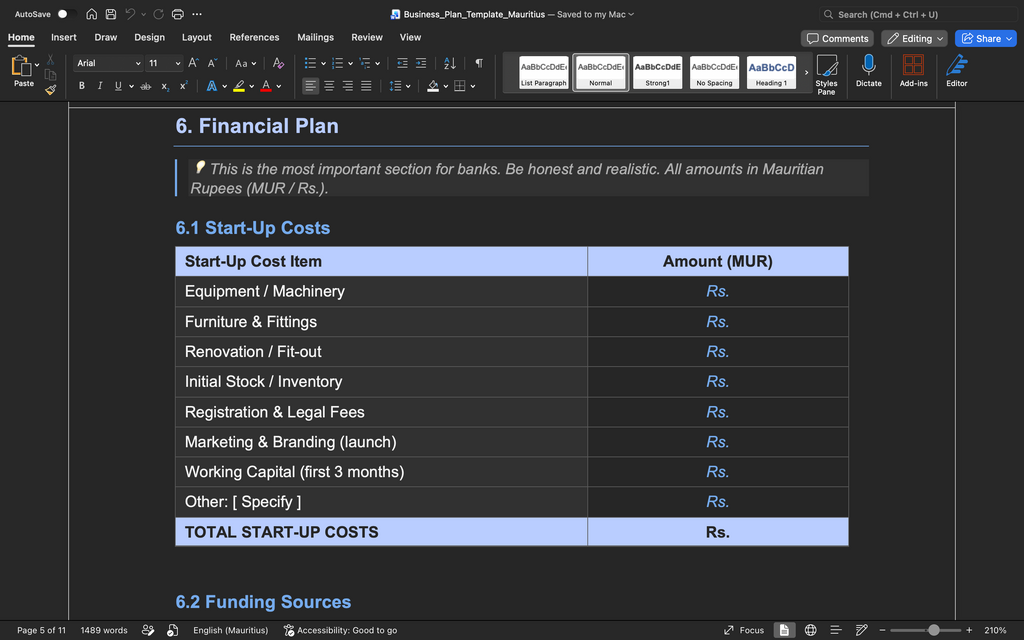 Business Plan Template – Mauritius (Word Document)