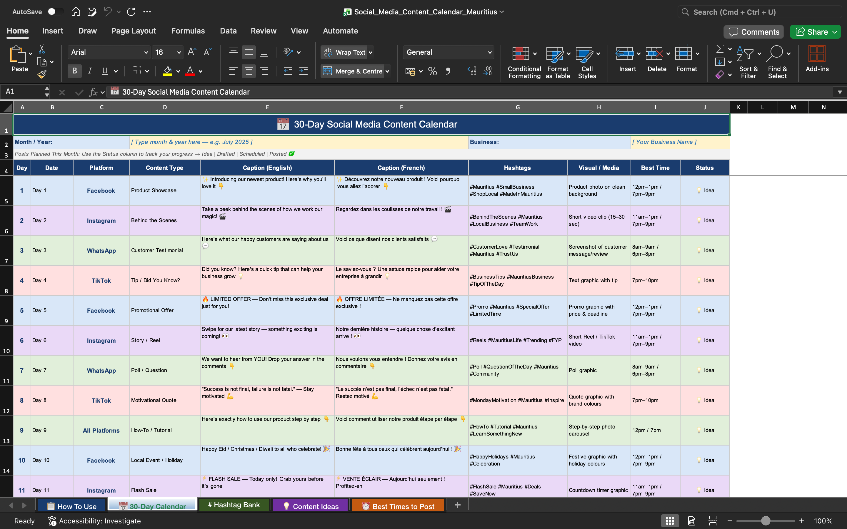 Social Media Content Calendar — Mauritius Edition