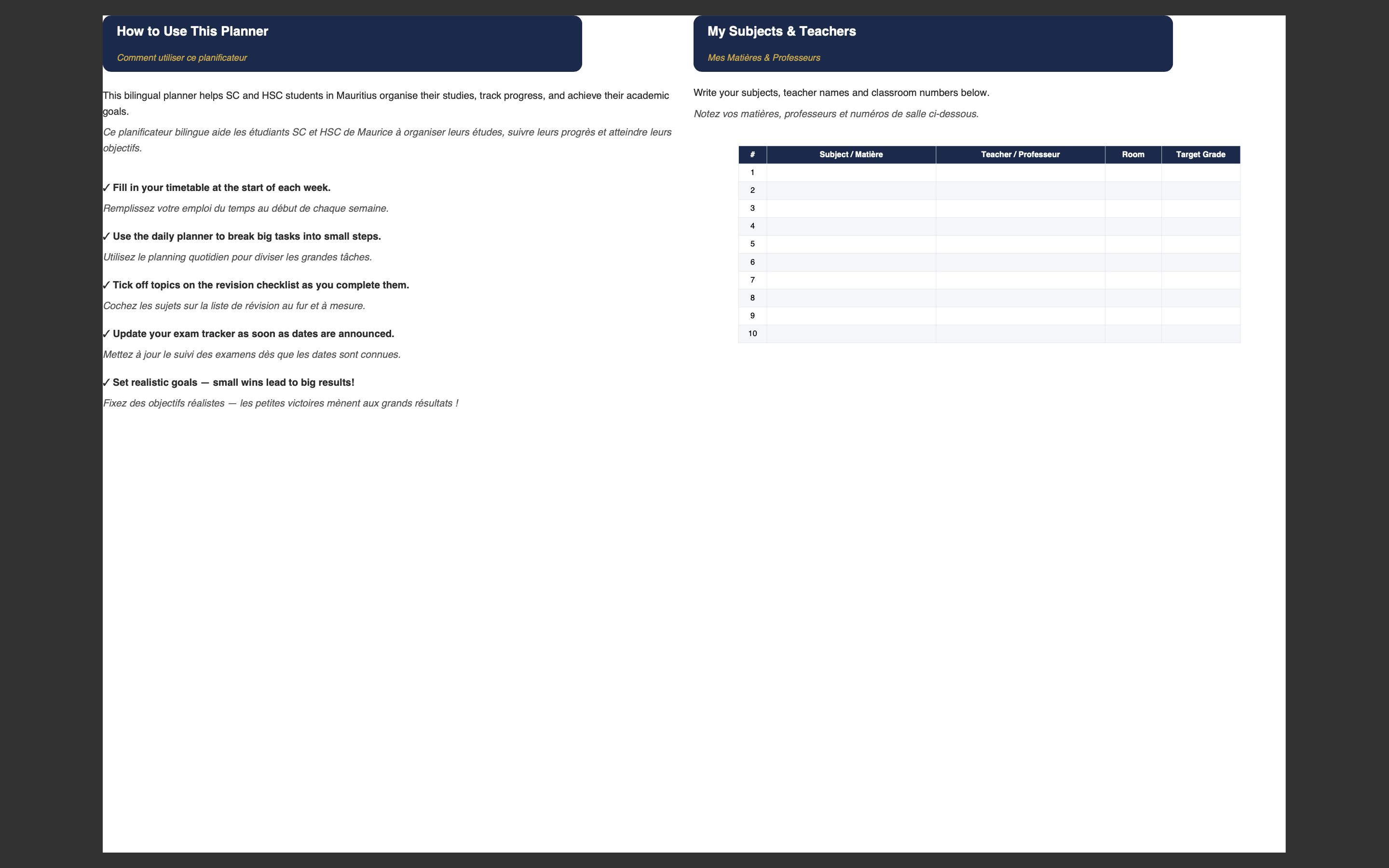 SC & HSC Student Planner — Bilingual Edition (English & French)