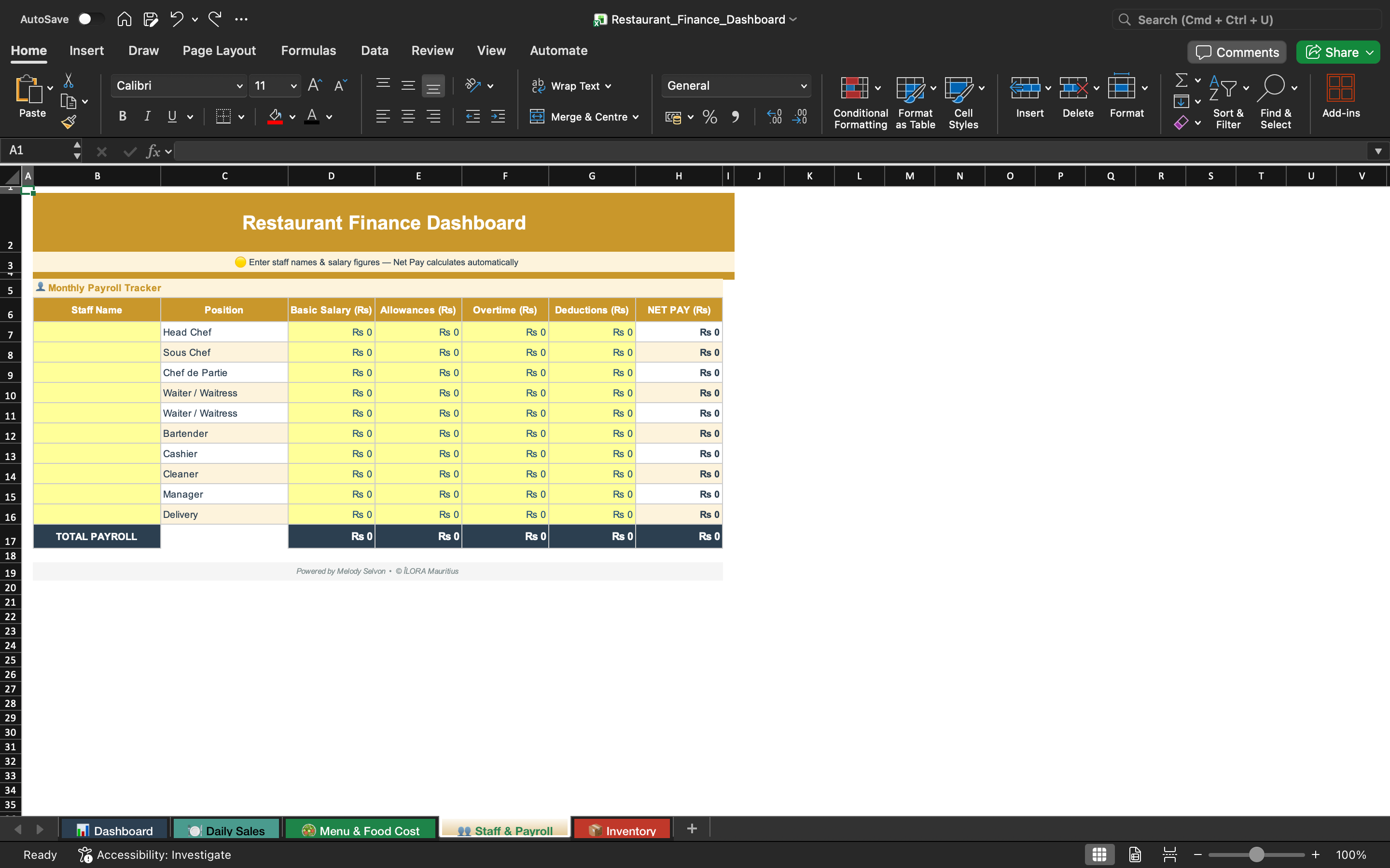 Restaurant finance dashboard spreadsheet with payroll tracker and monthly totals table