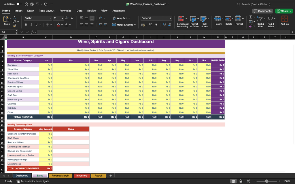 Finance dashboard spreadsheet with revenue matrix table and monthly summary rows