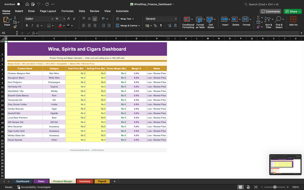 Finance dashboard spreadsheet with product details table and price columns