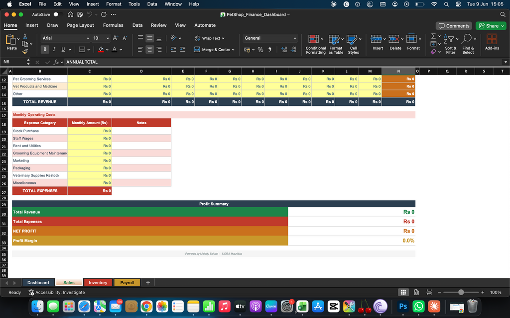 Finance dashboard spreadsheet with category table and colored profit bars