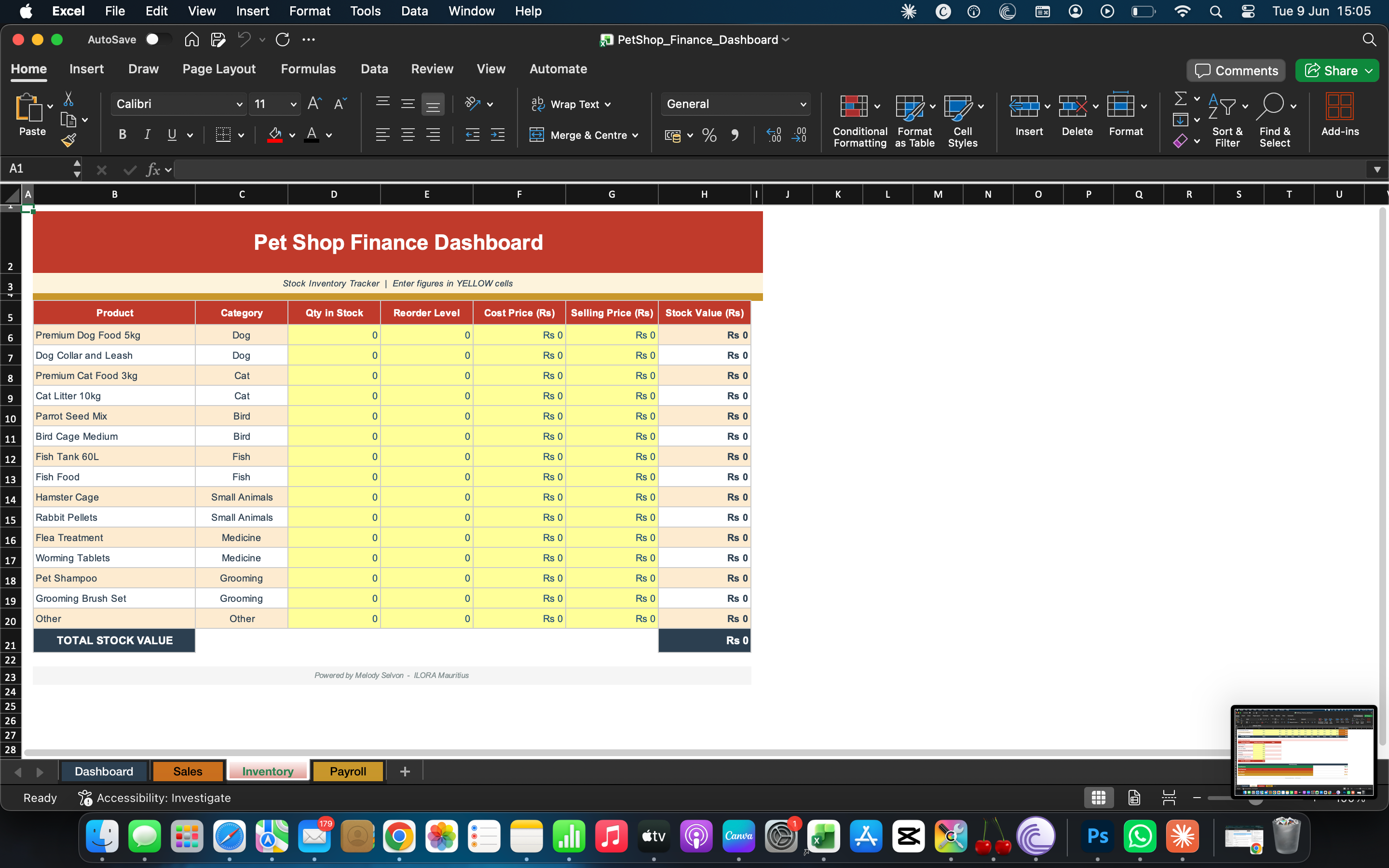 Finance dashboard spreadsheet with detailed item grid and profit columns