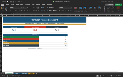 Car wash finance dashboard spreadsheet with expense summary and totals