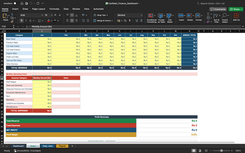 Car wash finance dashboard spreadsheet with monthly revenue table and expense grid