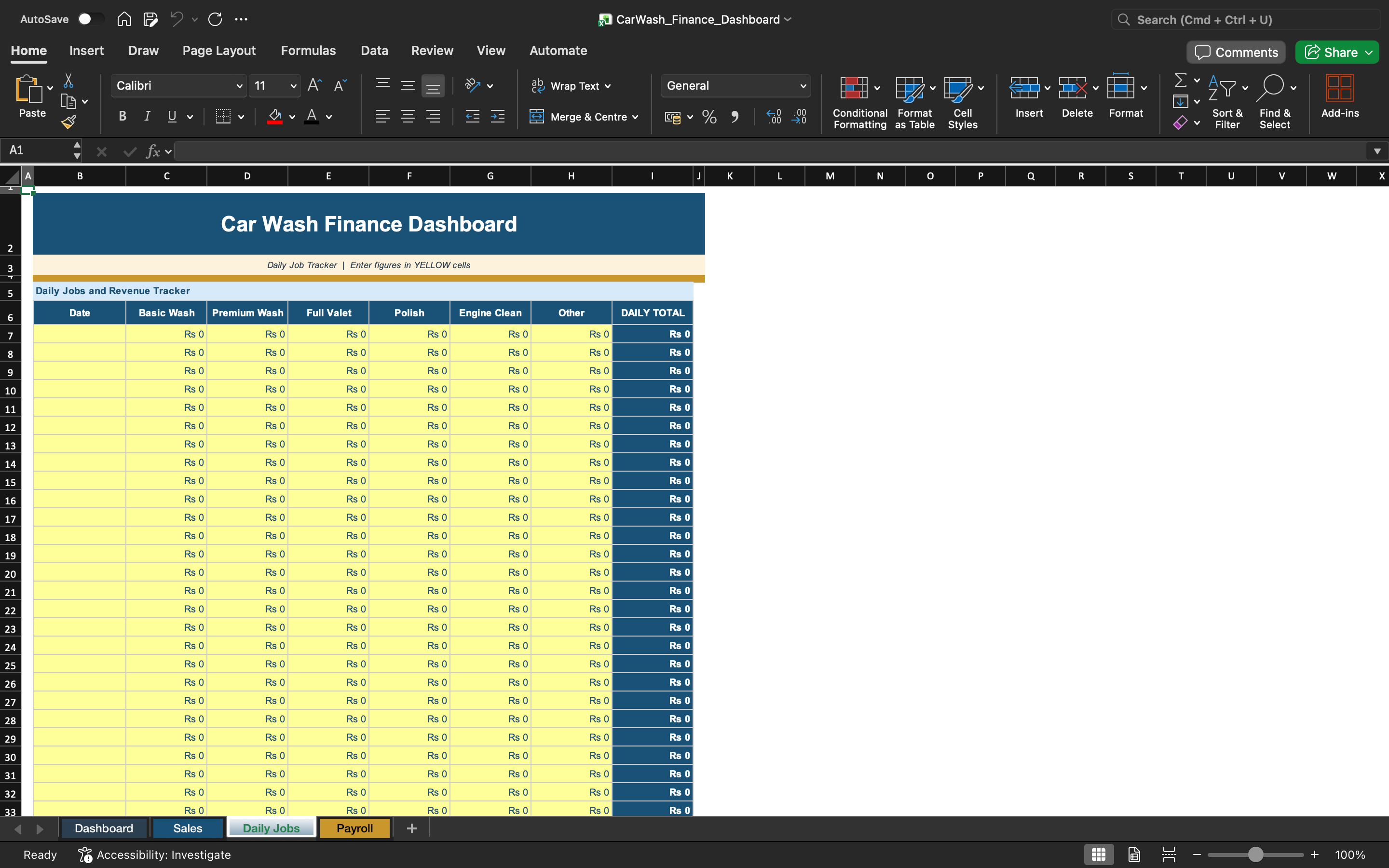 Car wash finance dashboard spreadsheet with daily totals table layout